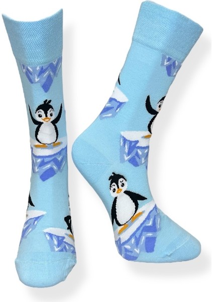Tekli Penguen Desenli Mavi Renkli Esnek Nem Alabilen Pamuklu Çorap