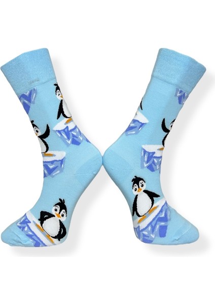 Tekli Penguen Desenli Mavi Renkli Esnek Nem Alabilen Pamuklu Çorap
