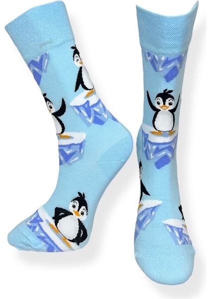 Tekli Penguen Desenli Mavi Renkli Esnek Nem Alabilen Pamuklu Çorap