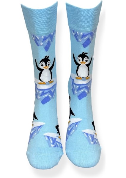 Tekli Penguen Desenli Mavi Renkli Esnek Nem Alabilen Pamuklu Çorap
