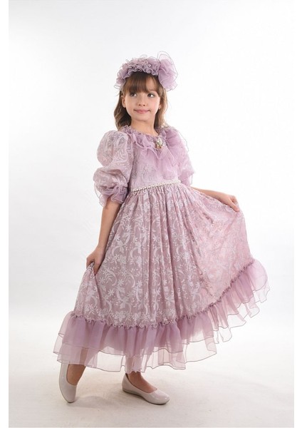 Özel Tasarım Kız Çocuk Abiye Elbise ,taç Aksesuarlı, Yaka Detaylı Uzun Kız Çocuk Elbisesi.