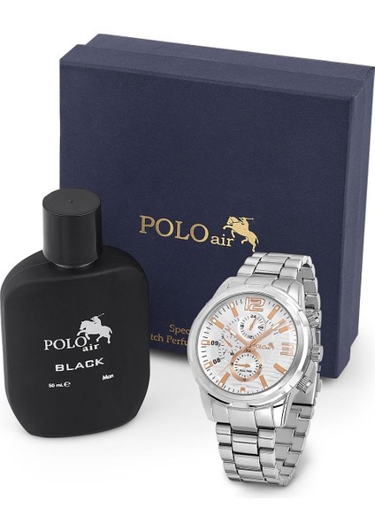 Erkek Kol Saati ve Parfüm Seti Hediyelik Kutusunda Kombin Gümüş Renk PL-0923E4