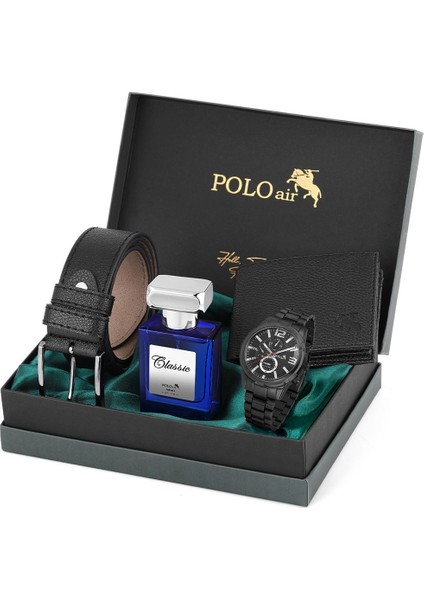 Metal Kordon Erkek Kol Saati Cüzdan Kemer Parfüm Kombin Siyah Renk PL-0921E1