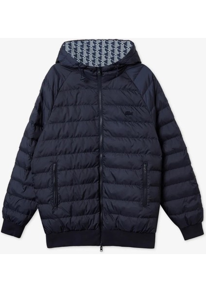 Erkek Kapüşonlu Monogram Çift Taraflı Lacivert Bomber Ceket (Çift Taraflı)