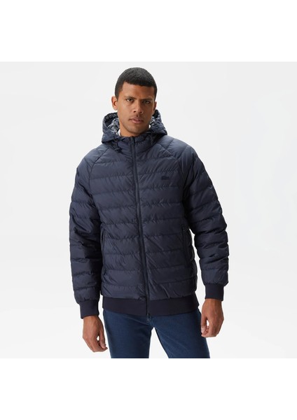 Erkek Kapüşonlu Monogram Çift Taraflı Lacivert Bomber Ceket (Çift Taraflı)