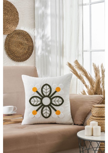 Dekoratif Punch Papatya Nakışlı Kırlent Kılıfı