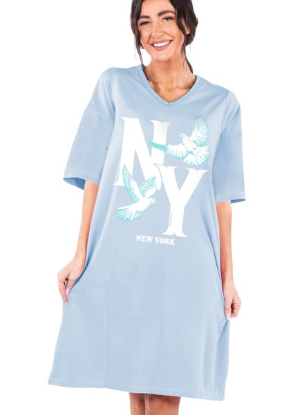 Ny Güvercini Açık Mavi V Yaka Yarım Kol Diz Boy Ev Elbisesi Gecelik