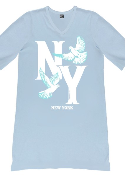 Ny Güvercini Açık Mavi V Yaka Yarım Kol Diz Boy Ev Elbisesi Gecelik fiyatları