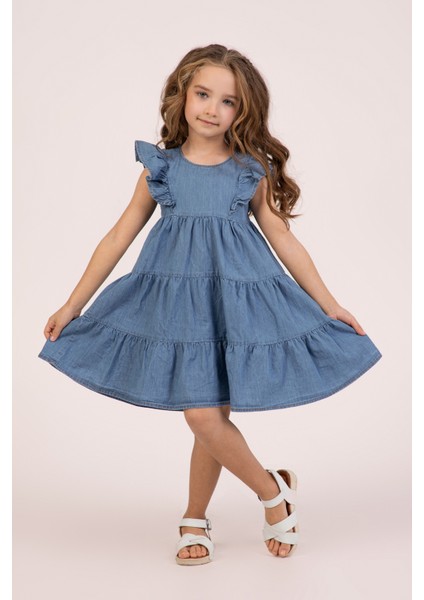 Kolları Fırfırlı Kat Kat Denim Kız Çocuk Yazlık Kolsuz Kot Elbise modelleri