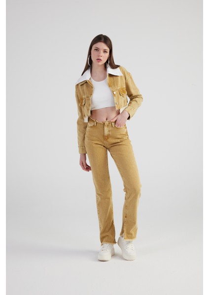 Mermer Desenli Kırçıl Detaylı Straight Kesim Paça Yırtmaçlı Rusted Jean Pantolon Camel
