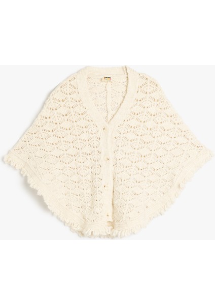 Düğme Kapamalı V Yaka Püskül Detaylı Triko Panço