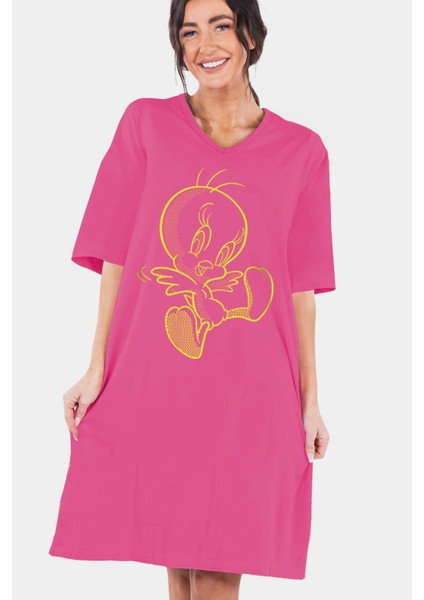 Neşeli Kuş Fuşya V Yaka Yarım Kol Diz Boy Ev Elbisesi Gecelik