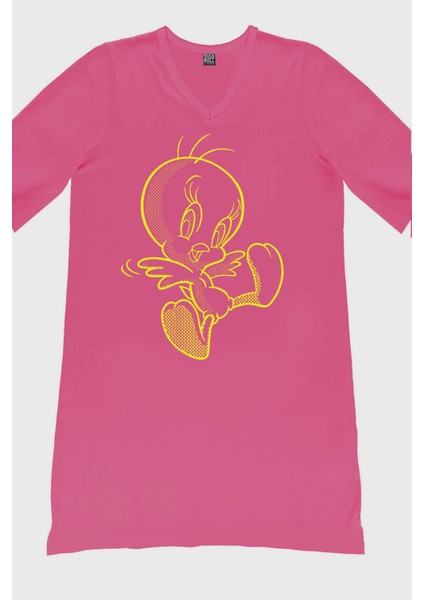 Neşeli Kuş Fuşya V Yaka Yarım Kol Diz Boy Ev Elbisesi Gecelik fiyatları