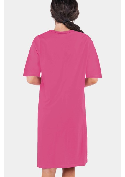 Neşeli Kuş Fuşya V Yaka Yarım Kol Diz Boy Ev Elbisesi Gecelik modelleri