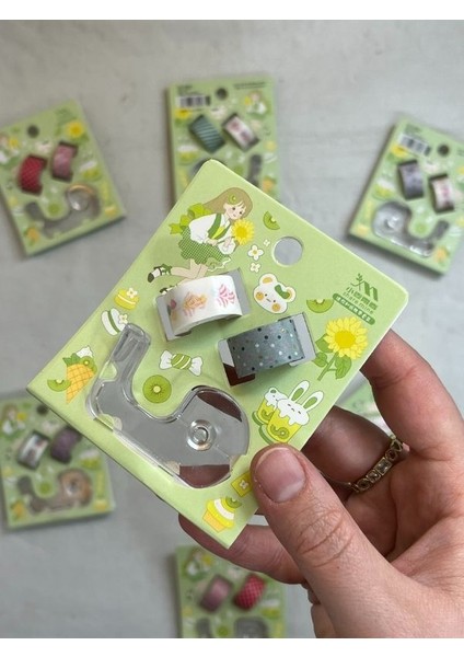 Yeşil Renk 2+1 Washi Bant ve Kesim Aparatlı Mini Set/ Washi Tape / Bullet Journal