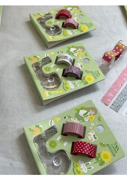 Yeşil Renk 2+1 Washi Bant ve Kesim Aparatlı Mini Set/ Washi Tape / Bullet Journal
