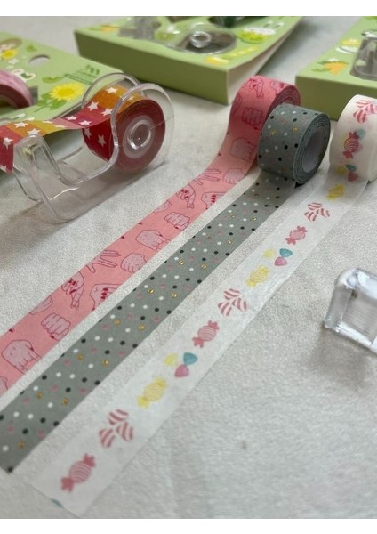 Yeşil Renk 2+1 Washi Bant ve Kesim Aparatlı Mini Set/ Washi Tape / Bullet Journal