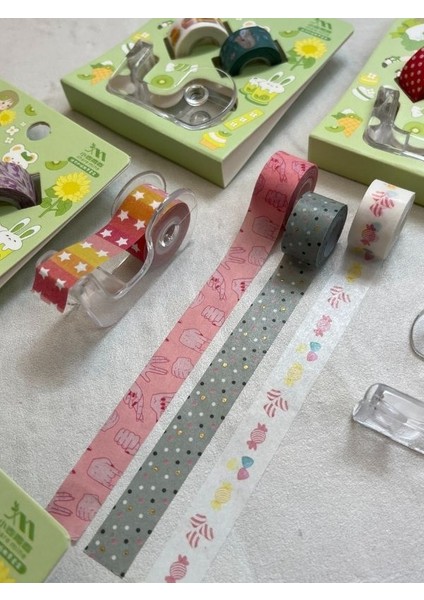 Yeşil Renk 2+1 Washi Bant ve Kesim Aparatlı Mini Set/ Washi Tape / Bullet Journal