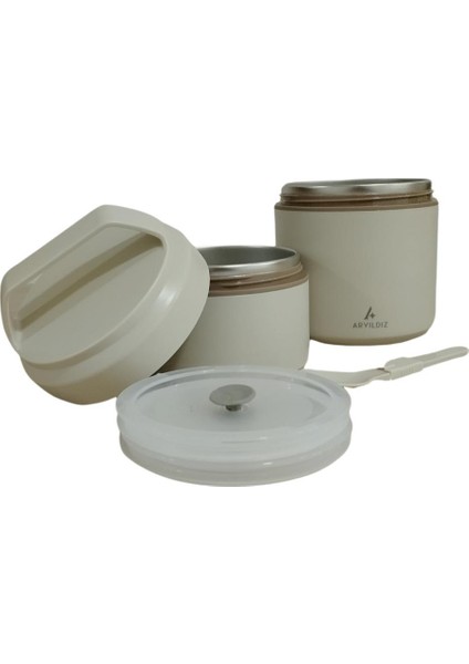 Bento Yuvarlak 2 Katlı Lunch Box Yemek Termosu Bej 1200 ml