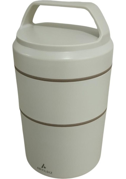 Bento Yuvarlak 2 Katlı Lunch Box Yemek Termosu Bej 1200 ml