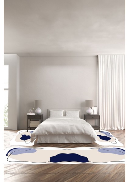 Dijital Baskılı Kaymaz Taban Yıkanabilir Lazer Kesim Üçlü Yatak Odası Takımı, Yo-Lazer-32-Lacivert,