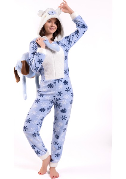 Kadın Mavi Kar Desen Polar Tulum