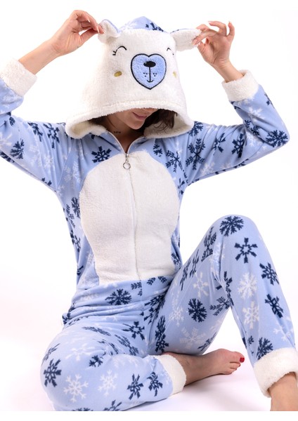 Kadın Mavi Kar Desen Polar Tulum fiyatları