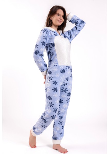 Kadın Mavi Kar Desen Polar Tulum modelleri