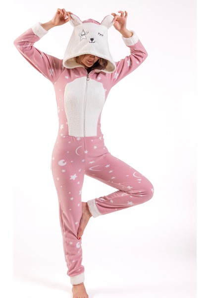 Kadın Pudra Yıldız Desen Polar Tulum