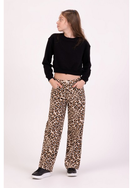 Leopar Desenli Geniş Paçalı Kız Çocuk Straight Fit Pantolon