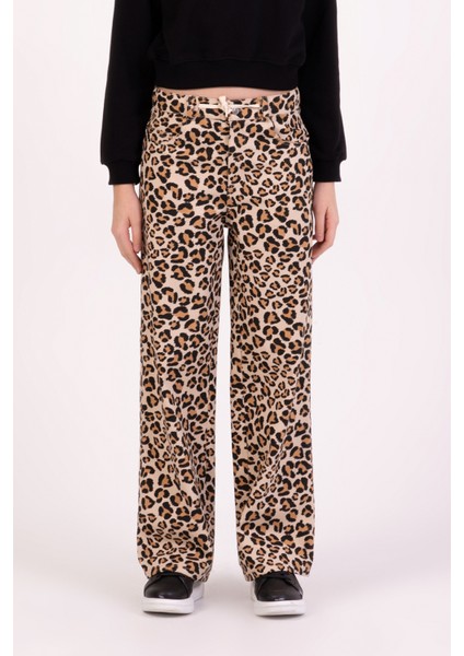 Leopar Desenli Geniş Paçalı Kız Çocuk Straight Fit Pantolon