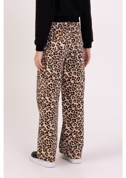 Leopar Desenli Geniş Paçalı Kız Çocuk Straight Fit Pantolon