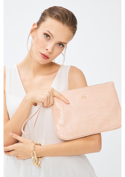 Kadın Basic Clutch Çanta Kroko Timsah Desen Pudra 214002