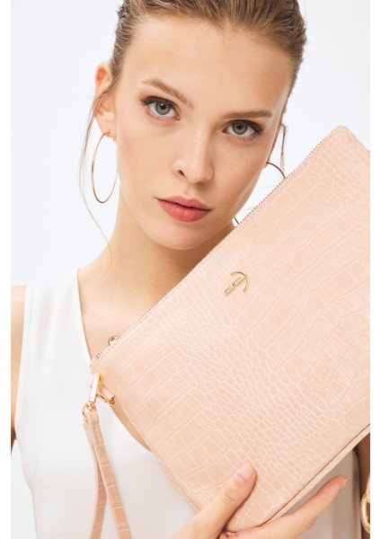 Kadın Basic Clutch Çanta Kroko Timsah Desen Pudra 214002