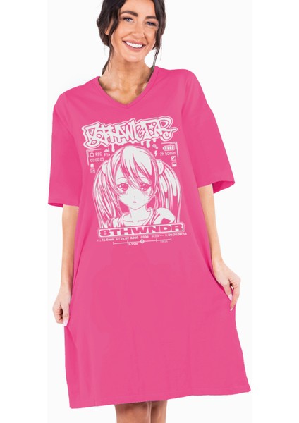 Anime Kız Fuşya V Yaka Yarım Kol Diz Boy Ev Elbisesi Gecelik