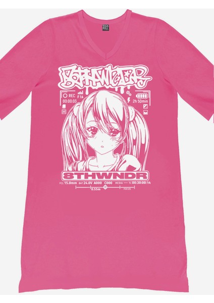 Anime Kız Fuşya V Yaka Yarım Kol Diz Boy Ev Elbisesi Gecelik fiyatları