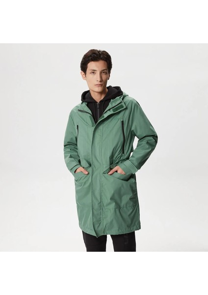 Erkek Regular Fit Kapüşonlu Baskılı Haki Mont
