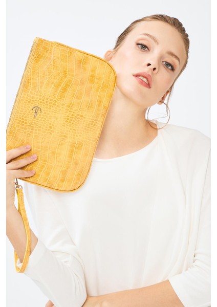 Kadın Basic Clutch Çanta Kroko Timsah Desen Hardal 214002