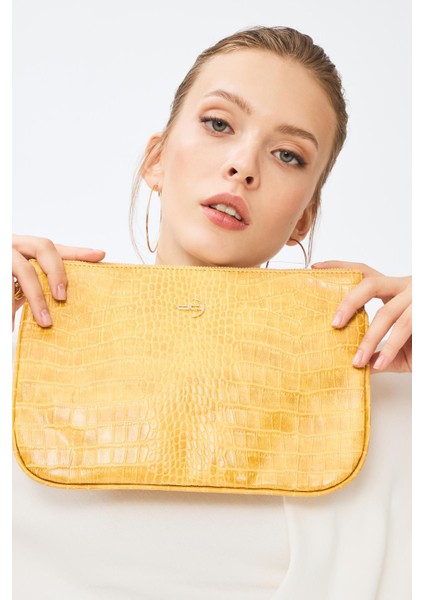 Kadın Basic Clutch Çanta Kroko Timsah Desen Hardal 214002