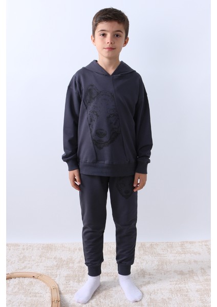 Erkek Çocuk Kapşonlu Eşofman Takımı Kurt Baskılı F10