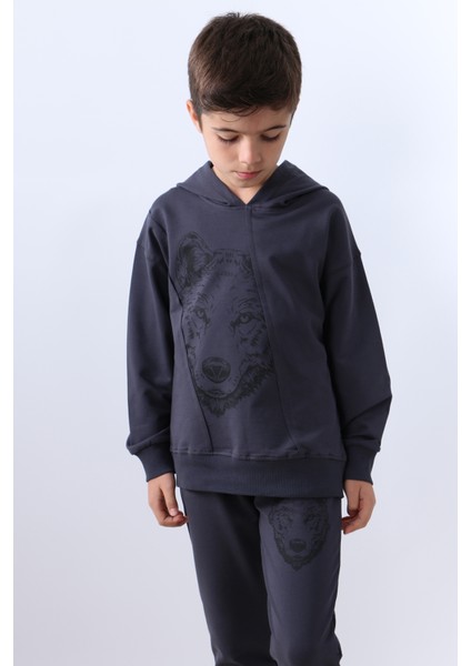 Erkek Çocuk Kapşonlu Eşofman Takımı Kurt Baskılı F10 modelleri