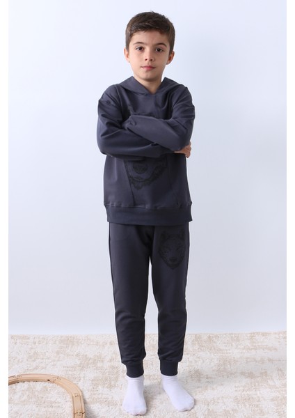 Erkek Çocuk Kapşonlu Eşofman Takımı Kurt Baskılı F10 fırsatları