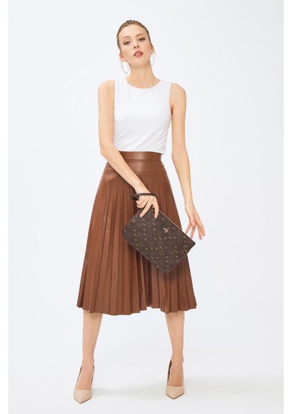 Kadın Basic Clutch Çanta Monogram Desenli Kahverengi 214002