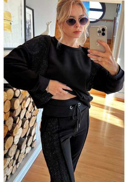 Crystal Taşlı 3 Iplik Pamuklu Şık Tasarım Rahat Kadın Siyah Eşofman Takımı