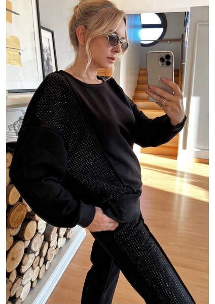 Crystal Taşlı 3 Iplik Pamuklu Şık Tasarım Rahat Kadın Siyah Eşofman Takımı fiyatları