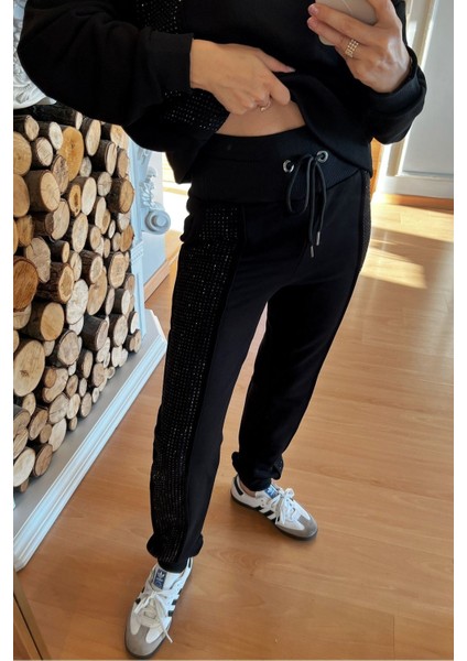 Crystal Taşlı 3 Iplik Pamuklu Şık Tasarım Rahat Kadın Siyah Eşofman Takımı modelleri