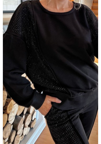 Crystal Taşlı 3 Iplik Pamuklu Şık Tasarım Rahat Kadın Siyah Eşofman Takımı fırsatları