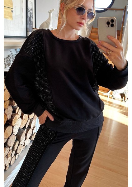 Crystal Taşlı 3 Iplik Pamuklu Şık Tasarım Rahat Kadın Siyah Eşofman Takımı indirimleri