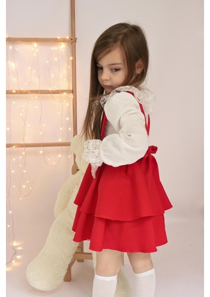 Kız Çocuk Helen Kırmızı Askılı Kat Kat Bağlama Jile Elbise Dantel Detay Ekru Uzun Kollu Bluz Takım TKM-0190.3 fiyatları