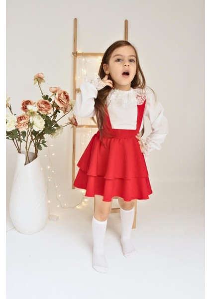 Kız Çocuk Helen Kırmızı Askılı Kat Kat Bağlama Jile Elbise Dantel Detay Ekru Uzun Kollu Bluz Takım TKM-0190.3 fırsatları